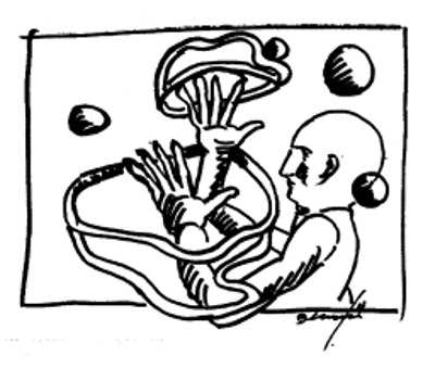 Geoffrey Moss illustration of a figure reaching into a tangled, networked form