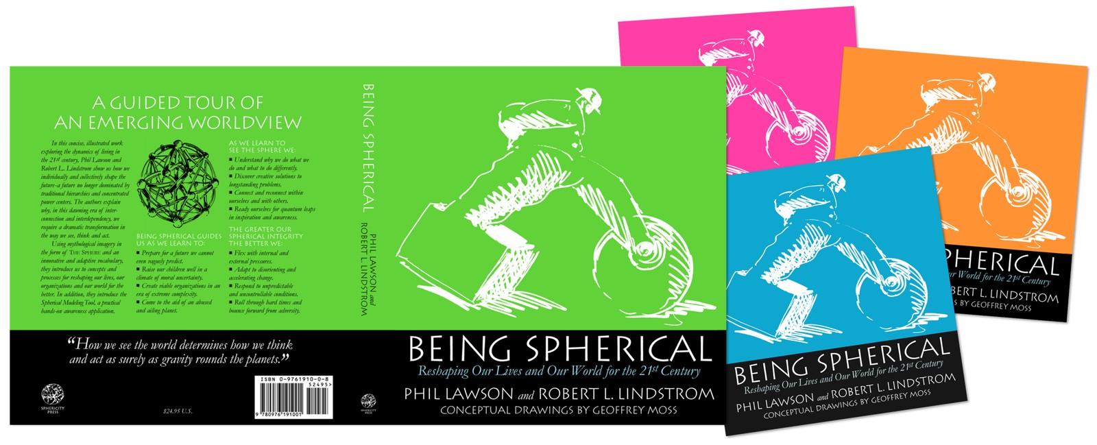 Being Spherical full cover spread, shown in its four original edition colors: green, pink, orange, and blue