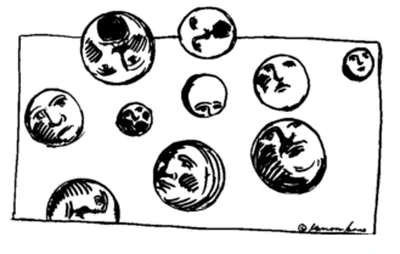 Geoffrey Moss illustration of various spheres with human faces, gathered inside a rectangle