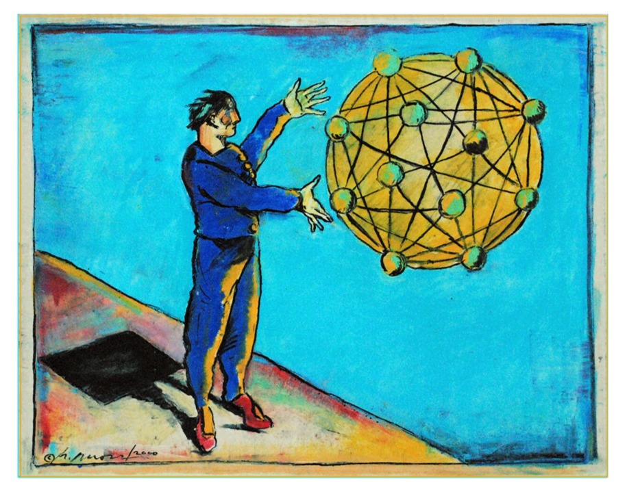 Painted illustration by Geoffrey Moss of a figure reaching toward a golden interconnected sphere