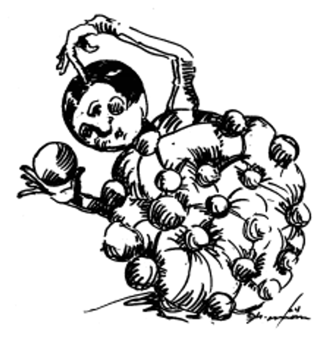 Geoffrey Moss illustration of a figure surrounded by a cluster of small spheres