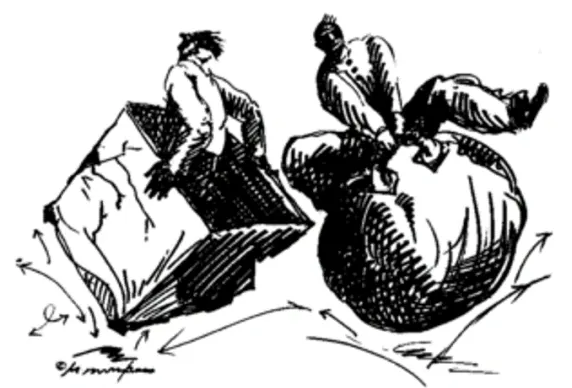 Geoffrey Moss illustration of two figures — one riding a cube, one riding a sphere — each moving in a different direction