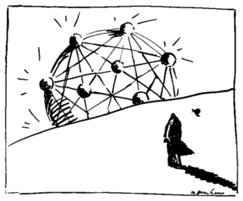 Geoffrey Moss illustration of a small figure approaching a large interconnected sphere of nodes