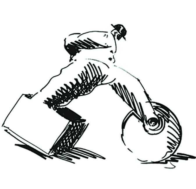 Geoffrey Moss illustration of a figure hunched into a wheel and gear-like form, evoking clockwork machinery